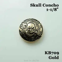 (KB709) 10pc 1-1/8'' Western Skull Button Leathercraft Tack Belt Saddle Biker Button Gold