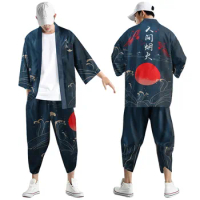 Two-piece Suit Fireworks Pattern Loose Japanese Cardigan Women Men Cosplay Yukata Clothing Harajuku Samurai Kimono + Pants Sets