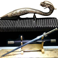 Brass Handle KungFu Dragon Sword Chinese Han Dynasty Saber WuShu Battle Jian Sharp Folded Forging Feather Pattern Steel Blade