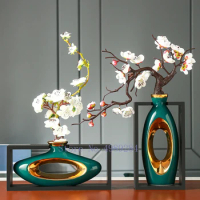 Chinese Style Creativity Ceramic Vase Wooden Frame Retro Openwork Vase Modern Home Flower vase decoration home