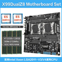 x99 dual z8 motherboard KIT With 2pcs e5 2680 v4 and 4*32gb=128GB ddr4 2133mhz ECC REG RAM Set SATA 3.0 NVME M.2 combo