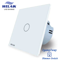 WELAIK EU Standard Dimmer Wall Touch Switch 80*80mm Single FireWire Glass Panel 1Gang 1Way Touch Switch 220V A1911TG