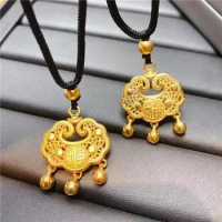 Pure 999 Full Longevity Pendant 100% Plated Real 999 Gold 18k Bell Safety Lock Necklace Women's Color for Women's Gifts