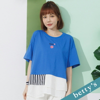 betty’s貝蒂思　笑臉不對稱拼接條紋短袖T-shirt(深藍)