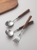 新款食品級304不銹鋼木柄勺子尖頭湯勺餐叉家用叉子兒童飯勺