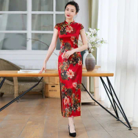 Sexy Vintage Women Silk Cheongsam Chinese Style Long Slim Dresses Formal Party Gown Print Flower Dress Orient Elegant Vestidos