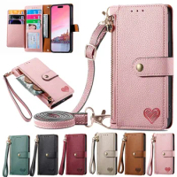 Zipper Leather Wallet Anti-theft Case For Samsung Galaxy S24 S23 Plus S22 S21 FE S20 Note 20 Ultra Wrist Strap Cover Lanyard