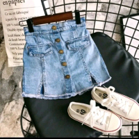 Celana Anak Perempuan Rok Jeans Midi Korean Style 1 Sampai 7 Th Kancing Blue Denim Biru Bahan Denim 