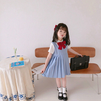 夏季女童學院風假兩件連衣裙新款韓版兒童洋氣短袖百褶連衣裙