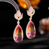 Rendy Polychrome Big Water Drop Orange Pink Flower Bud Earrings for Women Luxury Jewelry for Evening Party Sister Wife Gift