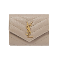 YSL SAINT LAURENT Cassandre 荔枝皮 皮革 多摺開釦 短夾 卡夾 零錢包 深米色 金色 692061
