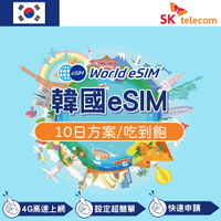 韓國 eSIM 上網卡 10天 吃到飽不降速 4G高速上網 SKT 手機上網 韓國漫游旅游卡 日商公司品質保證