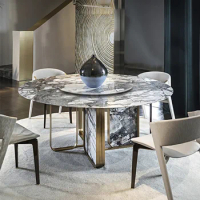 Natural marble dining table with rotary table, circular Italian minimalist villa, high-end Hanjiang Snow Luxury Stone dining tab