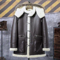 Shearling Coat Mens Brown B3 Bomber Jacket Hooded Leather Jacket Thick Mens Winter Coats Long Fur Jacket Airforce Flight Coat