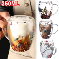350ml Double Wall Glass Cup Dried Flower Double Insulated Clear Glass for Hot Cold Water Latte Espresso Coffee Cup with Handle