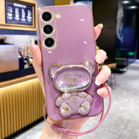 Glass Quicksand Bear Case For Samsung S24 Plus S23 FE S22 S20 FE S10 Lite S23 S21 Ultra S9 Plus S21 FE S24 Ultra Plating Cover