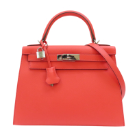 【二手名牌BRAND OFF】HERMES 愛馬仕 紅色 牛皮 Kelly 28 凱莉包 兩用包 X刻