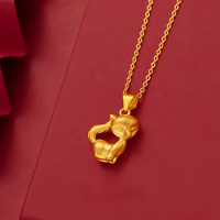 Real 24K Gold Color Fox Pendant Necklace for Women Pure 999 Color Chains Necklaces Engagement Wedding Brithday Fine Jewelry Gift