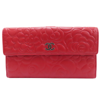 【二手名牌BRAND OFF】CHANEL 香奈兒 紅色 羊皮 山茶花 扣式長夾 銀扣 (無卡)
