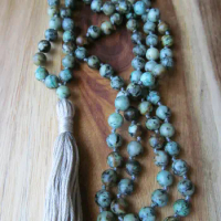 African Turquoises Mala Beads 108 Bead Mala Tassel Necklace Prayer Beads Yoga Jewelry Meditation Beaded Long Necklace