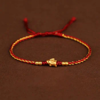 Pure 999 24K Yellow Gold 3D Rabbit Gold Bead Red Knitted Bracelet Women Gift