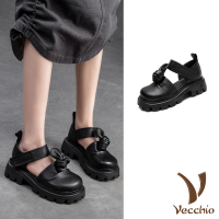 【Vecchio】真皮涼鞋 厚底涼鞋/真皮頭層牛皮個性單結設計小圓頭繫帶粗跟厚底涼鞋(黑)