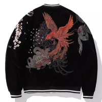 Men Boys Vintage Streetwear 4 Beasts Black Dragon White Tiger Phoenix Suzaku Snake Turtle Embroidered Sukajan Souvenir Jacket