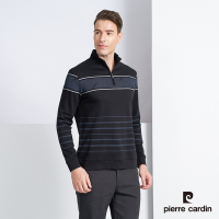 Pierre Cardin皮爾卡登 男款 拉鍊立領定位條紋長袖polo衫-黑色(5225208-99)