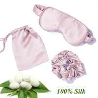 100% Mulberry Silk Sleeping Mask 19 Momme 3PCS Set Sleeping Eye Mask Silk Scrunchies Silk Storage Drawstring Bag for Travel