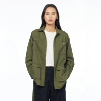 【JEEP】女裝 多口袋獵裝長版襯衫式外套(軍綠)
