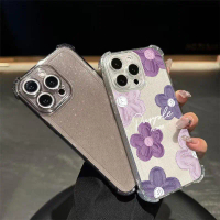 เคสใสกากเพชรกันกระแทก ลายดอกไม้สีม่วง  ป้องกันเลนท์กล้อง For IP11-16 ธรรมดา IP16PRO-PRO MAX IP14-16P