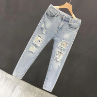 Thin long pants Korean style ankle-length pants scrape jeans men's ripped cuffed pants fashion
