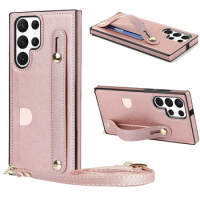 Crossbody Leather Card Holder Case, Hand Strap Kickstand Cover for Samsung Galaxy S23 Ultra S22 S21 FE S20 Note 20, Wristband