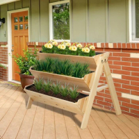 3-Tiers Vertical Raised Garden Bed, Wooden Elevated Planter Boxes, Plant Stand with Side Hooks &amp; Storage Clapboard
