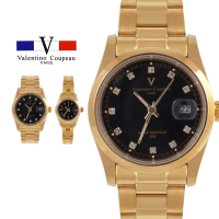 【Valentino Coupeau】黑面晶鑽簡約金帶不鏽鋼殼帶男女手錶-e(范倫鐵諾 古柏 VCC)
