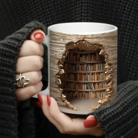 1pc, 3D Bookshelf Break Through Coffee Mug, Ceramic Coffee Cups, Book Shelf Water Cups, Summer Winter Drinkware