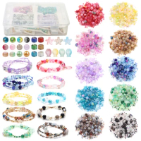 Glass Beads for Bracelet Making Kit 10 Colors Beads Bulk 8mm Round Crystal Beads with Seed Beads, Fish Beads, and Starfish Beads