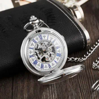 Silver Magnifying Transparent Mechanical Pocket Watch Fob Chains Skeleton Steampunk Hand-Winding Mechanical Watch for Men Gifts
