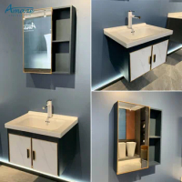 Nordic Fancy Morden Matte Black Bathroom Vanity Wholesale Hotel Wall Mounted Aluminum Basin Cabinet With Mirror