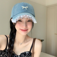甜度超標~珍珠蝴蝶結蕾絲邊鴨舌帽女夏季寬檐遮陽防曬牛仔棒球帽