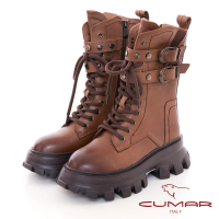【CUMAR】率性厚底溝紋綁帶皮帶扣環短靴(棕色)