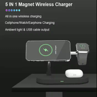 Aulidtech 5 in 1 Magnetic Wireless Charging Station 15W for Apple Iphone 12 13 14 Apple Watch 9 8 7 6 5 Airpods 2 3 with lamp