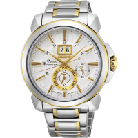 【SEIKO 精工】Premier人動電能萬年曆手錶-銀x雙色 送行動電源(7D56-0AG0K SNP166J1)