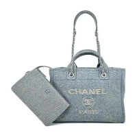  CHANEL 經典Deauvill帆布鏈帶中號托特包(灰藍)
