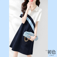 【初色】翻領拼接條紋連身連衣裙洋裝-藏青色-62313(M-2XL可選)