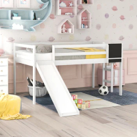 Pine Wood Frame &amp; Chalkboard bed,Twin size Loft Bed Wood Bed with Slide, Stair and Chalkboard,White