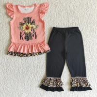 Wholesale Easter Kids Spring Clothing He is Risen Children Top Outfit Baby Girl Clothing Ruffle Leopard Pants Toddler Clothes