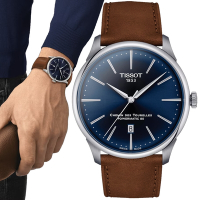 TISSOT天梭 官方授權 杜魯爾系列 典雅機械腕錶-棕x藍 禮物推薦 畢業禮物 42mm/T1394071604100