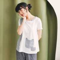 【Dailo】貓咪口袋格紋拼接短袖上衣(白 綠 卡/魅力商品)