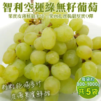 【果之蔬】智利空運綠無籽葡萄(約800-1000g/袋)x5袋